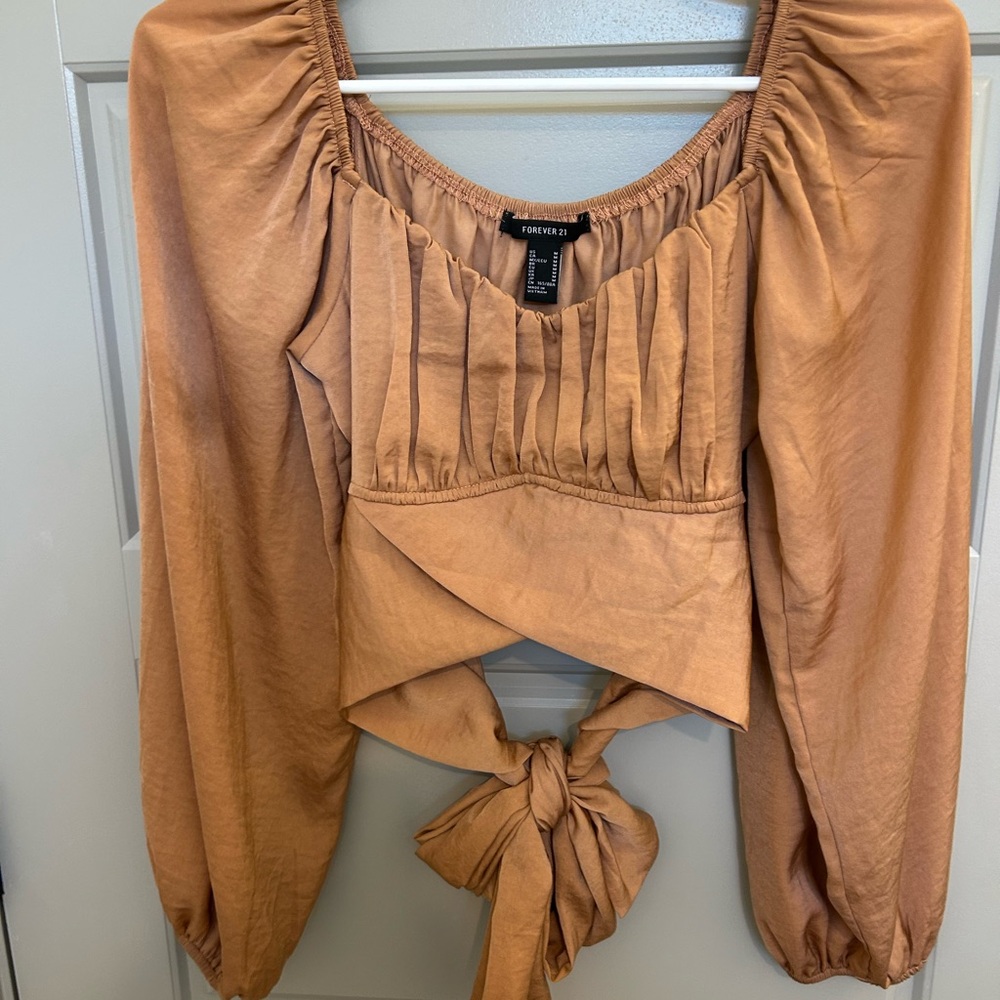 Forever 21 Tan Smocked Puff Sleeve Blouse
